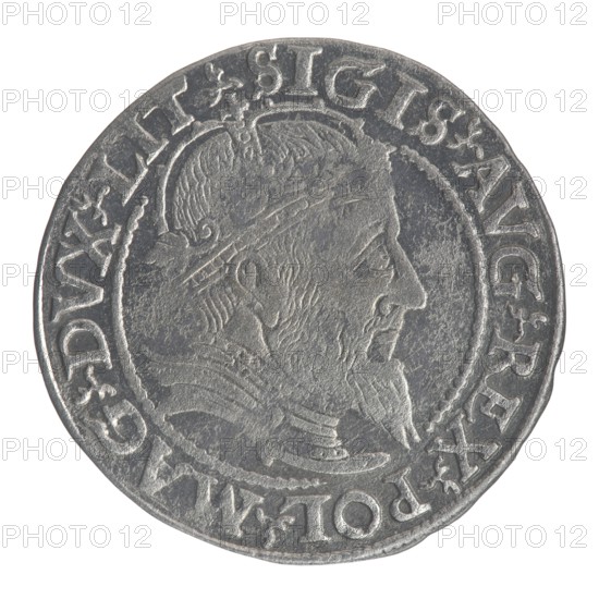 Lithuanian grosz on a Lithuanian foot, Sigismund II Augustus King of Poland; 1544–1572 author, coats of arms, Jagiellonians dynasty, royal bust iconography, Polish coins, Sigismund II Augustus King of Poland; 1520–1572 - iconography, male busts, Columns of Giedymin coat of arms of Lithuania, Pogon coat of arms; Lithuania. Obv.: Crowned male bust in armour with profile turned to the right, in the rim an inscription divided at the top by a crown cross: .SIGIS.AVG.REX.POL.MAG.DVX.LIT. Rev.: Lithuanian Pursuit facing left, below the date 1559 and the Column coat of arms dividing the inscription in the rim: .MONETA.MAGNI-DVCAT9.LITV. 1559. coin, Grand Duchy of Lithuania., A round metallic coin with a worn silver-gray surface showing an embossed profile of a bearded man facing right, wearing a headband or crown and layered clothing; the coin has a raised rim and a ring of decorative embossed motifs around the edge with a few ornamental shapes, and the overall colors visible are silver-gray w...