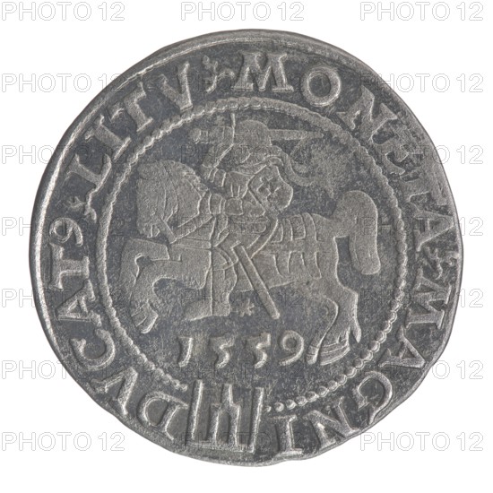 Lithuanian grosz on a Lithuanian foot, Sigismund II Augustus King of Poland; 1544–1572 author; coats of arms; Jagiellonians dynasty; royal bust iconography; Polish coins; Sigismund II Augustus 1520–1572 - iconography; male busts; Columns of Gediminas coat of arms of Lithuania; Pogon coat of arms; Lithuania. Obverse: Crowned male bust in armour with profile turned to the right, in the rim an inscription divided at the top by a crown cross: .SIGIS.AVG.REX.POL.MAG.DVX.LIT. Reverse: Lithuanian Pogon Pursuit facing left, below the date 1559 and the Columns of Gediminas coat of arms dividing the inscription in the rim: .MONETA.MAGNI - DVCAT9.LITV. Date: 1559. Mint: Vilnius. Country: Poland; Grand Duchy of Lithuania. Coin., A round metallic coin with a worn surface showing raised and recessed areas in shades of gray and silver, featuring an embossed central scene of a mounted figure on a horse with visible armor and a spear-like object, surrounded by a decorative beaded inner border and an ou...