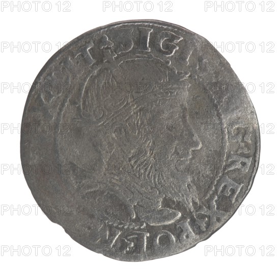 Lithuanian grosz on a Lithuanian foot, Sigismund II Augustus King of Poland; 1544–1572 author, coats of arms, Jagiellonians dynasty, royal bust iconography, Polish coins, Sigismund II Augustus King of Poland; 1520–1572 - iconography, Columns of Giedymin coat of arms of Lithuania, male busts, Pogon coat of arms; Lithuania. Obv. Crowned male bust in armour with profile turned to the right, in the rim an inscription divided at the top by a crown cross: .SIGIS ....REX.POL.M.. ..X.LIT. Rev. Lithuanian Pursuit facing left, below the date 1555 and the Column coat of arms dividing the inscription in the rim: MONETA ...NI - DVCAT. ...VA, 1555, Vilnius; Poland; Grand Duchy of Lithuania; coin., A circular metal object with a worn, uneven surface showing shades of gray and dark gray, featuring a raised profile of a person's head in relief facing right with visible hair and beard details, surrounded by a raised rim and decorative raised elements around the edge; the metal shows varied texture with ...