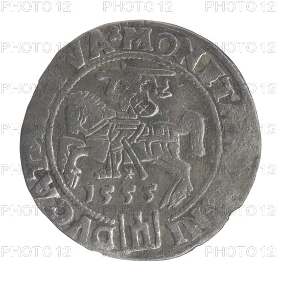 Lithuanian grosz on a Lithuanian foot, Sigismund II Augustus King of Poland; 1544–1572 author, coats of arms, Jagiellonians dynasty, royal bust iconography, Polish coins, Sigismund II Augustus King of Poland; 1520–1572 - iconography, Columns of Giedymin coat of arms of Lithuania, male busts, Pogon coat of arms; Lithuania. Obv. Crowned male bust in armour with profile turned to the right; in the rim an inscription divided at the top by a crown cross: .SIGIS ....REX.POL.M.. ..X.LIT. Rev. Lithuanian Pursuit facing left, below the date 1555 and the Column coat of arms dividing the inscription in the rim: MONETA ...NI - DVCAT. ...VA, 1555. Vilnius, Poland; Grand Duchy of Lithuania; coin., A round metallic object with a worn, uneven edge, showing a relief design of a figure on horseback at its center; the surface appears textured with engraved lines and raised borders forming a circular inner ring; the metal color is silvery gray with darker gray patina in recessed areas and slightly lighter...