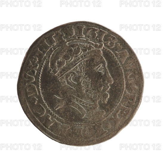 Lithuanian grosz on a Lithuanian foot, Sigismund II Augustus King of Poland; 1544–1572 creator, coats of arms, Jagiellonians dynasty, royal bust iconography, Polish coins, Sigismund II Augustus King of Poland; 1520–1572 - iconography, Columns of Gediminas coat of arms of Lithuania, male busts, Pogon coat of arms; Lithuania. Obverse: Crowned male bust in armour with profile turned to the right; in the rim an inscription divided at the top by a crown cross: .SIGIS.AVG.REX...LMAG.DVX.LIT. Reverse: Lithuanian Pursuit Pogon facing left, below the date 1546 and the Columns coat of arms dividing the inscription in the rim: .MONETA.MAGNI-DVCAT9.LITVA. 1546. Minted in Vilnius, Grand Duchy of Lithuania, Poland. Coin., A circular metallic object with a worn brownish-gray surface showing a raised profile of a bearded man wearing a crown or ornate headpiece, surrounded by a raised dotted inner border and a raised outer rim with evenly spaced raised shapes; the metal shows areas of darker and lighte...