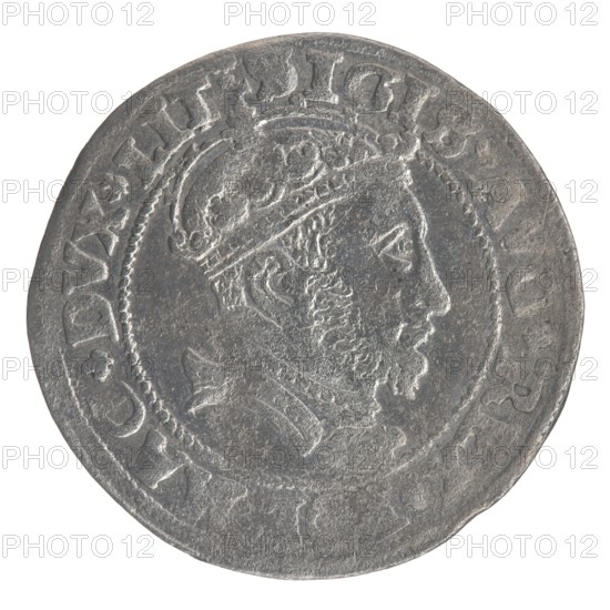 Lithuanian grosz, 1546. Obverse: crowned male bust in armour facing right, rim inscription divided at top by a crown cross: .SIGIS.AVG.REX...L MAG.DVX.LIT. Reverse: Lithuanian Pogon Pursuit facing left, Columns of Gediminas coat of arms below the date 1546, rim inscription divided by the column coat of arms: .MONETA.MAGNI-DVCAT9.LITVA. Maker: Sigismund II Augustus King of Poland, Grand Duke of Lithuania. Coin, Poland–Grand Duchy of Lithuania., A worn round metal coin with a raised profile of a bearded man wearing a crown facing right, surrounded by a raised circular border and decorative edge; the surface shows textured wear and scratches and the coin appears in shades of gray with darker gray recesses and lighter gray highlights.