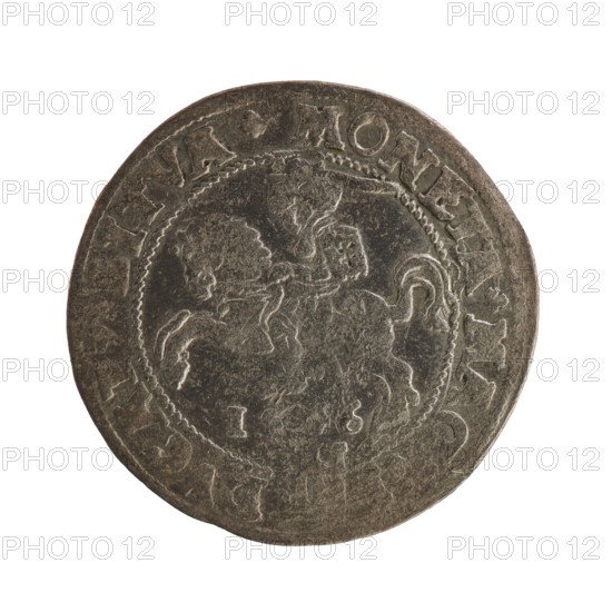 Lithuanian grosz on a Lithuanian foot, Sigismund II Augustus King of Poland; 1544–1572 creator / titles, coats of arms, Jagiellonians dynasty, royal bust iconography, Polish coins, Sigismund II Augustus King of Poland; 1520–1572 - iconography, Columns of Gediminas coat of arms of Lithuania, male busts, Pogon coat of arms; Lithuania. Obv.: Crowned male bust in armour with profile turned to the right; in the rim an inscription divided at the top by a crown cross: .SIGIS.AVG.REX...LMAG.DVX.LIT. Rev.: Lithuanian Pursuit Pogon facing left; below the date 1546 and the Column coat of arms dividing the inscription in the rim: .MONETA.MAGNI-DVCAT9.LITVA. 1546, Vilnius; Grand Duchy of Lithuania; coin., A round, worn metallic object with a tarnished silver-gray surface showing darker and lighter areas; the object has an outer raised rim and an inner circular border with a beaded edge. Within the inner circle there is a faint, embossed depiction of a figure on horseback and additional faint decora...