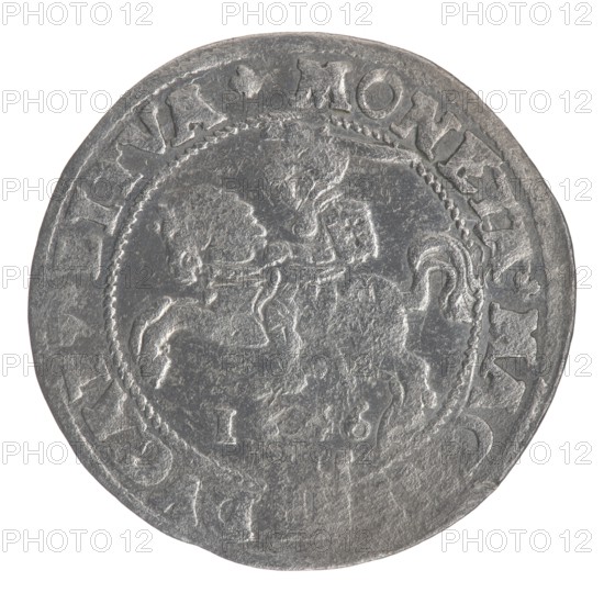 Lithuanian grosz on a Lithuanian foot, Sigismund II Augustus King of Poland; 1544–1572 author; coats of arms; Jagiellonians dynasty; royal bust iconography; Polish coins; Sigismund II Augustus 1520–1572 — iconography; Columns of Gediminas coat of arms of Lithuania; male busts; Pogon coat of arms; Lithuania. Obverse: Crowned male bust in armour with profile turned to the right; in the rim an inscription divided at the top by a crown cross: .SIGIS.AVG.REX...LMAG.DVX.LIT. Reverse: Lithuanian Pursuit Pogon facing left, below the date 1546 and the Columns of Gediminas coat of arms dividing the inscription in the rim: .MONETA.MAGNI-DVCAT9.LITVA. 1546. Coin; Grand Duchy of Lithuania; Poland., A circular metallic object with a worn silver-gray surface showing a raised central design of a person mounted on a horse, surrounded by a decorative border and an outer ring with raised elements; the central figure and horse are rendered in low relief with textured, slightly darker and lighter areas acr...