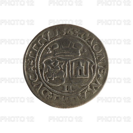 Two-grosz forgery of Sigismund II Augustus King of Poland; 1544–1572. 19th century . Coin: obverse—crowned male bust in armour turned right, separating rim inscription SIGIS.AVG.REX.PO.MDL; reverse—under the prince's mitre two coats of arms Pogon and Columns of Gediminas, below the value II, rim inscription MONE.MAGNI.DVCA.LITV.1565. Subjects/themes: royal bust, coats of arms, Polish coinage, iconography of Sigismund II Augustus, forgeries, male busts., A circular metallic object with a worn surface, showing a raised central design divided into two shield-like sections and surrounded by a concentric ring and raised rim; the metal appears silvery-gray with darker tarnished areas and patina, and the surface shows scratches and indentations.