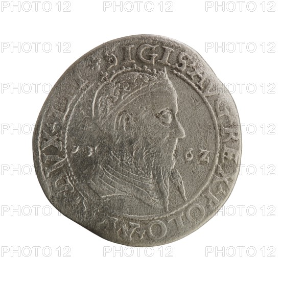 Lithuanian trojak, Sigismund II Augustus King of Poland; 1544–1572, coats of arms, Jagiellons dynasty, Polish coin. Obverse: crowned male bust in armour turned right, dividing the year 15–62, and at the top dividing the rim inscription: .SIGIS.AVG.REX.POLO.M..DVX.LIT. Reverse: Lithuanian Pogon mounted knight facing left, below the value number III and the column coat of arms dividing the rim inscription: GROSVS.TRIPL–MAG.DV.. ..TVA. 1562, Vilnius, Grand Duchy of Lithuania Poland–Lithuania., A round metallic object with a worn, textured surface showing the raised profile of a bearded person facing right, surrounded by a raised circular border and decorative edge detailing; the metal appears primarily silver-gray with darker gray recessed areas and subtle lighter highlights, and there are signs of wear and irregularities along the rim.