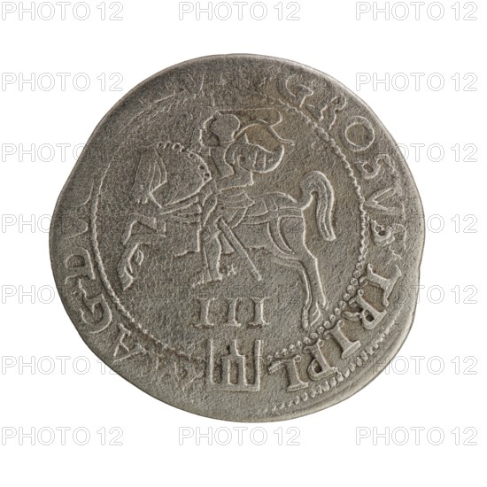 Lithuanian trojak, Sigismund II Augustus King of Poland; 1544–1572, coats of arms, Jagiellons dynasty, Polish coin; Pogon coat of arms; Lithuania; Sigismund II Augustus King of Poland; 1520–1572 — iconography; male busts, royal bust iconography. Obverse: Crowned male bust in armour turned right, dividing the year 15 - 6Z, and at the top dividing the rim inscription: .SIGIS.AVG.REX.POLO.M..DVX.LIT. Reverse: Lithuanian Pursuit facing left, below the value number III and the Column coat of arms dividing the inscription in the rim: GROSVS.TRIPL - MAG.DV.. ..TVA. 1562, Vilnius; Grand Duchy of Lithuania; Poland; coin., A round metallic coin with a worn surface showing a raised design of a mounted figure wearing a helmet and armor, seated on a horse with a raised tail; the coin's surface is textured with signs of wear and small indentations, and there is a circular border of small raised dots around the central design; the color palette is primarily shades of gray and silver with darker gray ...