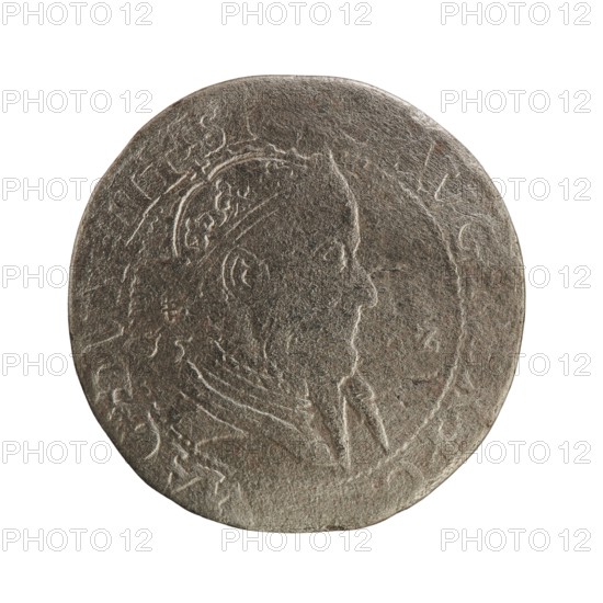 Lithuanian troika, Sigismund II Augustus King of Poland; 1544–1572 author, coats of arms, Jagiellons dynasty, Polish coins, Pogon coat of arms; Lithuania, royal bust iconography, Sigismund II Augustus King of Poland; 1520–1572 - iconography, male busts. Obverse: Crowned male bust in armour turned right, dividing the year 15–6Z, and at the top dividing the rim inscription: .SIG...AVG .EX.PO.. MAG.DVX.LIT. Reverse: Lithuanian Pursuit Pogon facing left, below the value number III and the Column coat of arms dividing the rim inscription: GROSSVS.TRIPL - MAG.DVCA.LITV. 1562, Vilnius, Grand Duchy of Lithuania, Poland, coin., A round, worn coin with a raised profile of a person facing right, showing textured surface details and a slightly irregular edge; the coin appears in shades of gray and brown with areas of lighter and darker patina, and faint embossed decorative elements around the profile.