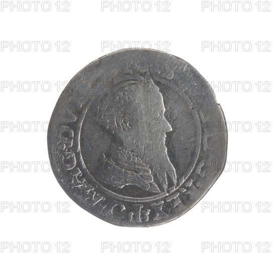 Lithuanian four-piece, Sigismund II Augustus King of Poland; 1544–1572 author, coats of arms, Jagiellons dynasty, Polish coins, Pogon coat of arms; Lithuania, male busts, royal bust iconography, Columns of Giedymin coat of arms, Sigismund II Augustus King of Poland; 1520–1572 - iconography. Obverse: Crowned male bust in armour turned right, inscription around: .IGIS... DG.REX.PO.MAG.DVX.. Reverse: Under the prince's mitre, two coats of arms with the Pogon and Columns coat of arms, below the value number IIII, in the rim the inscription: MONETA.MAGNI.DVC...LITV 1568. 1568. Grand Duchy of Lithuania. Coin., A worn round metal coin with a raised profile of a bearded person facing right in the center, surrounded by a recessed circular border; the coin surface shows scratches, nicks, and uneven edges. The visible colors are shades of gray and silver on the coin and white in the background.