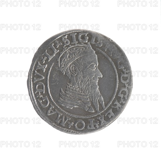 Lithuanian four-piece, Sigismund II Augustus King of Poland; 1544–1572 author, coats of arms, Jagiellons dynasty, Polish coins, Pogon coat of arms; Lithuania, male busts, royal bust iconography, Columns of Giedyminus coat of arms, Sigismund II Augustus King of Poland; 1520–1572 - iconography. Obverse: Crowned male bust in armour turned right, inscription around: .SIGIS.AVG.DGREX.PO.MAG.DVX.LI. Reverse: Under the prince's mitre, two coats of arms with the Pogon and Kolumny coats of arms, below the value number IIII; in the rim the inscription: MONETA.MAGNI.DVCAT.LITV 1568. 1568. Grand Duchy of Lithuania; Poland; coin., A round metallic coin with a raised portrait of a bearded man in profile facing right, wearing a decorated cap and layered clothing; the coin shows a circular border around the portrait and a ring of raised designs and lettering around the outer edge. The visible colors are silver-gray of the metal and subtle darker gray areas from patina or shadow.