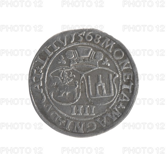 Lithuanian four-piece, Sigismund II Augustus King of Poland; 1544–1572 author, coats of arms, Jagiellons dynasty, Polish coins, Pogon coat of arms; Lithuania, male busts, royal bust iconography, Columns of Gediminas coat of arms, Sigismund II Augustus King of Poland; 1520–1572 - iconography. Obverse: Crowned male bust in armour turned right, inscription around: .SIGIS.AVG.DGREX.PO.MAG.DVX.LI. Reverse: Under the prince's mitre, two coats of arms with the Pogon and Columns of Gediminas coats of arms, below the value number IIII, in the rim the inscription: MONETA.MAGNI.DVCAT.LITV1568. 1568. Grand Duchy of Lithuania, coin., A round metallic coin with a worn silver-gray surface showing a raised central design of a crowned shield divided into two sections, one side depicting an animal figure and the other side showing a simple geometric emblem; the coin has a raised rim and a circular band of raised symbols and characters around the central motif, with some surface scratches and variations ...