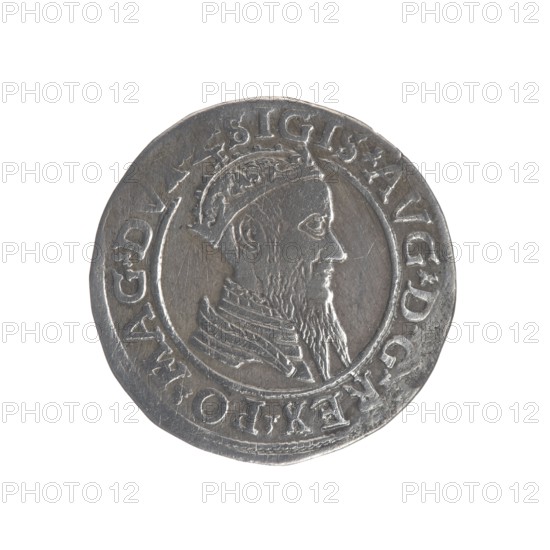 Lithuanian four-piece, Sigismund II Augustus King of Poland; 1544–1572 author, coats of arms, Jagiellons dynasty, Polish coins, Pogon coat of arms; Lithuania, male busts, royal bust iconography, Columns of Giedyminus coat of arms, Sigismund II Augustus King of Poland; 1520–1572 - iconography. Obverse: Crowned male bust in armour turned right, inscription around: .SIGIS.AVG.DGREX.PO.MAG.DVXL. Reverse: Under the prince's mitre, two coats of arms with the Pogon and Kolumny coats of arms, below the value number IIII, in the rim the inscription: MONETA.MAGNI.DVCAT.LITV 1568. 1568, Vilnius, Grand Duchy of Lithuania, Poland. Coin., A round metallic coin with a worn silver-gray surface showing a raised profile of a bearded man wearing a crown and detailed clothing, surrounded by a raised circular border and decorative raised elements along the rim, with areas of darker gray patina and lighter silver highlights across the coin.