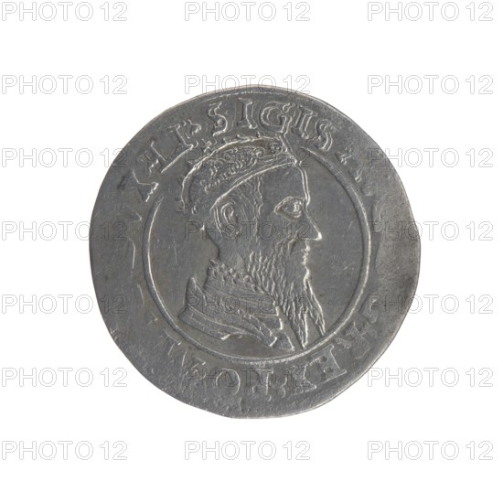 Lithuanian four-piece, Sigismund II Augustus King of Poland; 1544–1572 author, coats of arms, Jagiellons dynasty, Polish coins, Pogon coat of arms; Lithuania, male busts, royal bust iconography, Columns of Giedyminus coat of arms, Sigismund II Augustus King of Poland; 1520–1572 - iconography. Obv. Crowned male bust in armour turned right, inscription around: .SIGIS... .G.REX.PO.MAG.DVX.LI. Rev. Under the ducal mitre, two coats of arms with the Pogon and Kolumny coat of arms, below the value number IIII, in the rim the inscription: M....A.MAGNI.DVCAT.LITV1568. 1568. Poland; Vilnius; Grand Duchy of Lithuania; coin., A circular metallic coin shown against a white background with a profile relief of a bearded man wearing a cap and layered clothing at the center, surrounded by a raised rim and a ring around the portrait; the coin surface appears worn with scratches and varied texture, and the visible colors are shades of gray and silver with slight darker gray areas.