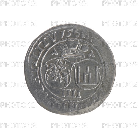 Lithuanian four-piece, Sigismund II Augustus King of Poland; 1544–1572 author, coats of arms, Jagiellons dynasty, Polish coins, Pogon coat of arms; Lithuania, male busts, royal bust iconography, Columns of Giedyminus coat of arms, Sigismund II Augustus King of Poland; 1520–1572 - iconography. Obverse: Crowned male bust in armour turned right, inscription around: .SIGIS... .G.REX.PO.MAG.DVX.LI. Reverse: Under the ducal mitre, two coats of arms with the Pogon and Kolumny coat of arms, below the value number IIII, in the rim the inscription: M....A.MAGNI.DVCAT.LITV1568. Date: 1568. Place: Vilnius, Grand Duchy of Lithuania. Coin., A round metallic coin with a worn surface showing a raised circular border and decorative central design, including a crown at the top and two adjacent shield-like shapes with embossed motifs, one containing an animal-like figure and the other geometric shapes; the coin has a textured rim and scattered surface scratches and dents, appearing in shades of silver an...
