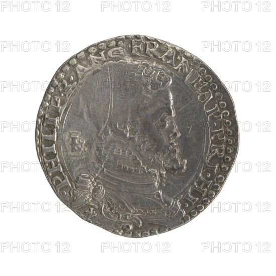 Lithuanian half thaler mezzo ducato with countersignature, Sigismund II Augustus king of Poland; 1544–1572 countersignature, Philip II Habsburg king of Naples and Sicily; 1554–1598 co-creator for mezzo ducato, Giovanni Battista Ravaschiero fl. 1525–1560 mintmaster for mezzo ducato; Habsburgs; Jagiellons; coats of arms; countermarks numismatics; royal bust; Polish coin; countersignature; male bust; heraldic shields; obverse. Obverse: male bust in armour turned right, rim inscription PHILIP.R.ANG.FRA.NEAP.PRI.HI., left in field the mintmaster's tied monogram IBR. Reverse: crowned oval multi-field heraldic shield, rim inscription .POPVLOR SECVRITATI., countersignature of King Sigismund Augustus—a tied monogram SA in the rim under the crown dividing the year 15-64 1554–1560/1564. Grand Duchy of Lithuania countersignature, Vilnius; Kingdom of Naples mezzo ducato, Naples; Poland; coin., A round metallic object with a worn silver-gray surface showing a raised profile of a person facing right,...