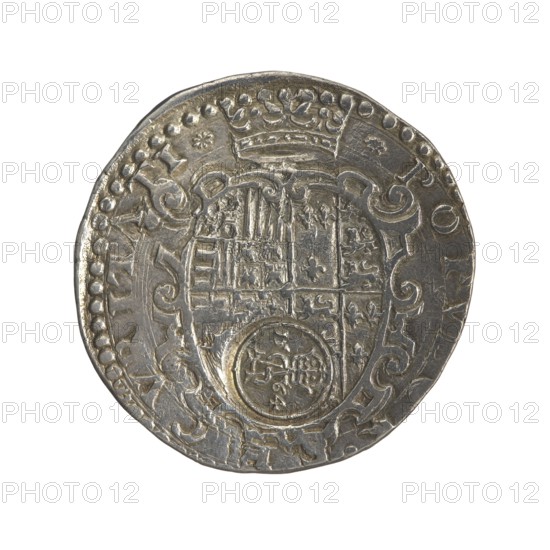 Lithuanian half thaler mezzo ducato with countersignature, Sigismund II Augustus king of Poland; 1544–1572 author for countersignature, Philip II Habsburg king of Naples and Sicily; 1554–1598 co-creator for mezzo ducato, Giovanni Battista Ravaschiero mintmaster, fl. 1525–1560 publisher for mezzo ducato. Habsburgs; Jagiellons; coats of arms; countermarks numismatics; royal bust iconography; Polish coins; countersignatures; male busts; heraldic shields; heraldic shields under a crown; obverse. Obverse: male bust in armour turned right, rim inscription PHILIP.R.ANG.FRA.NEAP.PRI.HI., left in field the mintmaster’s tied monogram IBR. Reverse: crowned oval multi-field heraldic shield with rim inscription .POPVLOR SECVRITATI., countersignature of King Sigismund Augustus — tied monogram SA in rim under crown dividing the year 15–64 1554–1564. Grand Duchy of Lithuania countersignature, Vilnius mint; Kingdom of Naples mezzo ducato, Naples mint; Poland. Coin., A round metallic coin with a worn su...