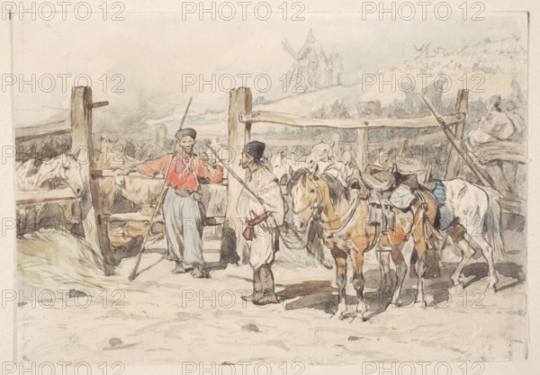 Tabunczyki in Balta, Brandt, Józef 1841–1915 painter/author, 1875, watercolor drawing, height 15.5 cm, width 22.5 cm; subject: horses, Cossacks, peasants, national costumes; motifs: Balta Ukraine, windmills; studies/tracings for paintings; deposit provenance., A watercolor scene showing a rustic enclosure with wooden posts and rails and a group of horses and figures. The foreground features a tan and brown horse with a saddle and harness standing beside a white horse with a blue saddlecloth, while several other horses are visible behind the fence. Two standing figures in simple clothing and hats are near the gate, one wearing a red top and light blue skirt and the other in a pale garment with darker trousers, each holding long poles. The fence and ground are rendered in muted browns and grays, the horses display shades of tan, brown, white, and gray, and the clothing includes red, pale blue, white, dark gray, and blue tones. In the distant background there are faint pale blue and gray ...