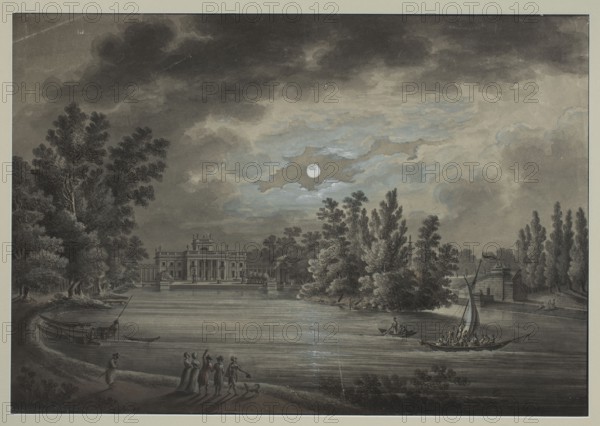 View of the Palace and Theatre in Lazienki by the Moon, Zygmunt Vogel 1764–1826, draughtsman; watercolor and drawing, 1795; dimensions 37.6 x 54.0 cm. Depicts Palace on the Isle and Theatre on the Isle in Royal Lazienki Park, Warsaw; nocturne scene with boats, aristocracy, walks, pond, park landscape in classicist vedute/genre style; inscriptions/annotations by author., A wide riverside scene under a cloudy sky with a bright round moon visible through breaks in the clouds, showing a large classical building set back among trees on the far bank, an island or heavily treed promontory to the right of the building, and a stone bridge or structure further right; on the water several small boats are afloat including a sailboat with people aboard and a few rowboats, while along the near shore a group of elegantly dressed figures stand together with another lone figure nearby and a small dog at their feet; dominant colors visible are shades of gray, black, muted blue, and pale beige, with dark...