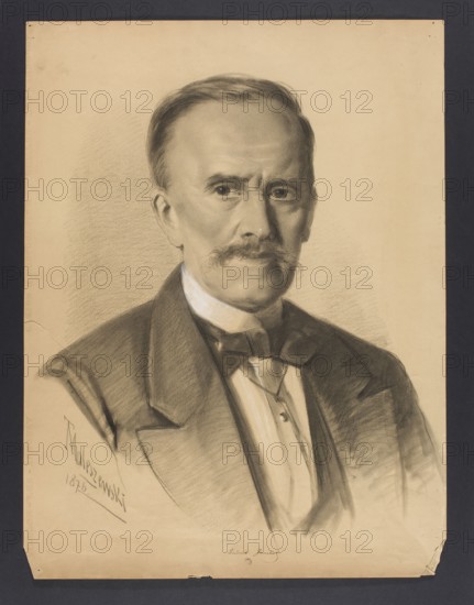 Portrait of Ludwik Jenike; drawing, 1876; height 62.5 cm, width 47.5 cm. Depicts Ludwik Jenike 1818–1903, male bust portrait; creator: Tytus Maleszewski 1827–1898, author/illustrator; related figure: Dominik Witke-Jezewski 1862–1944. Includes filigree VIDALON LES ANNONAY. Subjects: writers, translators, journalists; studies for graphics., A sepia-toned portrait drawing of a middle-aged man shown from the chest up, wearing a dark jacket, a lighter waistcoat, and a bow tie; he has a light complexion, a neatly groomed mustache, short hair combed back, and a neutral facial expression with direct gaze; the background is a soft, shaded beige with darker shading around the left side of his head; the drawing paper is mounted on a dark gray mat with visible edges, and the overall palette includes beige, brown, gray, black, and white tones.
