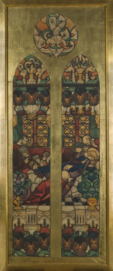 The Dormition of the Virgin Mary, cardboard for a stained glass window in the Grauer family burial chapel in Opava, by Józef Mehoffer 1869–1946; stained glass design, watercolor and drawing, 1901; subject: The Dormition of the Virgin Mary with apostles, saints, allegory Faithful Memory, pansies and floral symbolism mourning for the dead; neo-Gothic / Art Nouveau / Young Poland styles; materials: watercolor on cardboard; dimensions: height 186 cm, width 73 cm frame: height 196.0 cm, width 83.5 cm, thickness 4.8 cm., A tall rectangular stained glass panel set in a golden frame shows two arched window openings beneath a circular decorative medallion, all with swirling floral and geometric patterns. The design uses colors including gold, green, teal, red, orange, brown, purple, blue, black, cream, and beige. Within the two arched openings, stylized flowers and ornate latticework form the upper sections, while the lower sections depict a group of seated and reclining figures in layered clot...