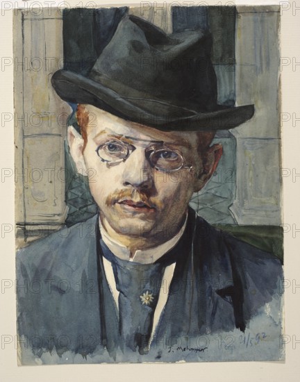 Self-portrait by Józef Mehoffer 1869–1946; watercolor drawing, 1892; height 28.9 cm, width 21.7 cm. Style: Young Poland; subject: self-portrait, male portrait., A painted portrait of a man wearing a dark hat and round glasses, shown from the shoulders up, with light skin, a short mustache, and short hair; he wears a dark coat over a lighter shirt and a dark cravat with a small decorative pin, and sits against a muted background of vertical and rectangular shapes. The visible colors include black, dark blue, navy, gray, pale beige, cream, pale pink, brown, reddish-brown, and green.