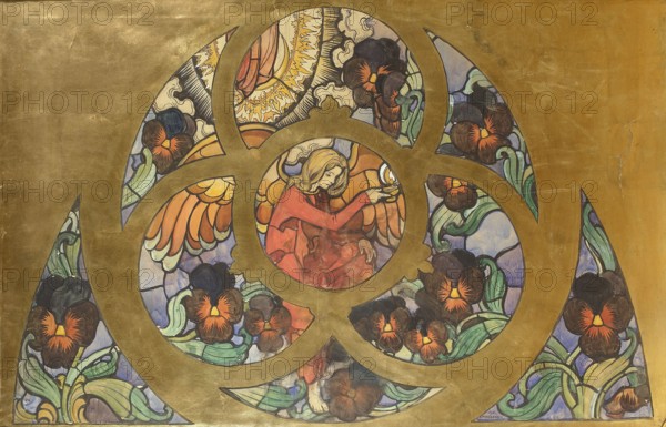 Angel of Eternal Light, design for a stained glass window for the Grauer family burial chapel in Opava overdoor, Mehoffer, Józef 1869-1946 painter / author, stained glass windows, angels iconography, pansy iconography, pansies bot., Art Nouveau style, plant symbolism, Gothic Revival style, flowers symbol., Grauer, Ignaz ?-1915, Grauer, Regina 1846-1898, stained glass window designs, cemetery chapels, burial chapels, Angel of Eternal Light, Our Lady of the Immaculate Conception iconography, flaming mandorla iconography, oil lamp attribute, Faithful Memory allegory, Young Poland style, Mehoffer, Józef 1869-1946, Polish painting, Polish culture, Czech culture, flowers, 1901, watercolor, drawing, height 102 cm, width 156 cm, A circular stained-glass style composition set against a metallic gold background shows a central roundel with a seated figure wearing a red garment and with light blond hair, holding a small glowing cup; surrounding the roundel are interlocking curved bands in gold th...