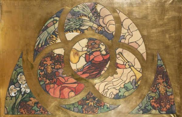Angel of the Last Judgment, stained glass window carton for the Grauer family burial chapel in Opava, Mehoffer, Józef 1869–1946 painter/author, stained glass design depicting the Last Judgment with angels, trumpet, comet, stars, sun, irises, white lily and other plant ornaments plant symbolism, flowers; allegory Light The Eternal, iconography Forgiveness of Sins; styles: Art Nouveau, Gothic Revival, Young Poland; Polish/Czech cultural context; watercolor drawing, 1901; height 103 cm, width 152.5 cm, A decorative circular window-like design set against a metallic gold background, with a central round panel showing a person with flowing brown hair wearing a red garment and blowing a golden trumpet, surrounded by curved petal-shaped panels containing stylized organic forms and a few trumpet-holding hands, with swirling shapes and floral motifs in colors including red, green, purple, blue, white, pink, beige, and gold.