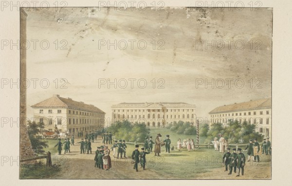 The Kazimierzowski Palace, or the Warsaw Lyceum in 1824 II, Piwarski, Jan Feliks 1794–1859 author; watercolor and drawing, height 22 cm, width 32.5 cm, 1824. Depicts the Kazimierzowski Palace Warsaw / Warsaw Lyceum 1804–1831 in a classical architectural style with architectural sculptures; shows teachers, students, children, street vendors, carriages and harnessed horses, horses, street lamps, costumes from the 1820s, and a square. Attributed artists/architectural figures referenced: Antoni Blank 1785–1844 iconography, Jakub Kubicki 1758–1833 architecture, Hilary Szpilowski 1753–1827 architecture, Joachim Daniel von Jauch 1688–1754 architecture, Pawel Malinski 1790–1853 works, Waclaw Ritschel 1794–1872 architecture, Ryszard Grochowicki fl. 1933 draftsman. Function: depiction of the University of Warsaw / Department of Fine Arts of the University of Warsaw 1816–1831. Polish drawing., A wide outdoor scene shows a large pale building with classical architectural features centered in the b...