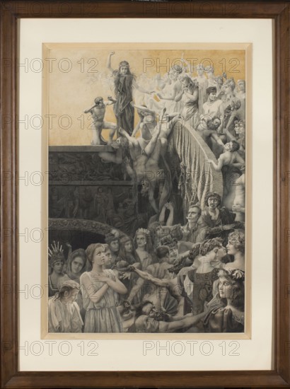Emancipation, Deskur, Józef 1861–1915 illustrator/author, Poland culture, Polish drawings, Renaissance costume, nudes, female nudes, male nudes, symbolism style, stairs, femininity allegory, competition entries, after 1890, drawing, height 94.5 cm, width 65.5 cm, A framed grayscale drawing depicting a crowded scene of many people gathered on and around a curved stone structure, with a central standing woman in a dark flowing dress raising one arm while others around her gesture toward a group of reclining and reaching figures; the composition shows a variety of facial expressions and poses, including several people looking upward, a few leaning over the edge, and a group of figures clustered at the lower foreground, some with ornate headpieces and one wearing a crown; the image includes sculptural relief work on the stone surfaces and textured garments, and the overall palette is shades of gray and black with warm beige tones in the background, all set within a wooden frame and wide cr...
