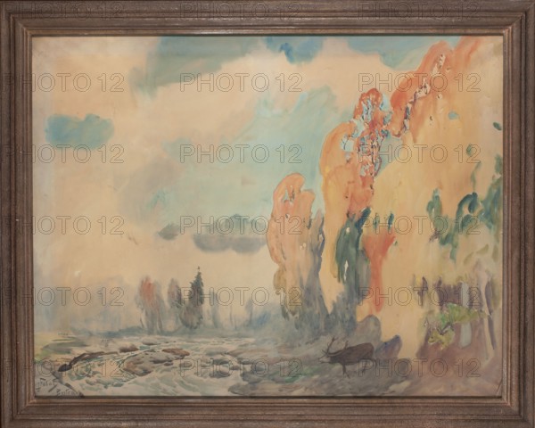 Autumn Landscape from Bystra, Falat, Julian 1853–1929, painter; after 1902; watercolor drawing; deer; landscapes; Bystra Silesian Voivodeship, Bielsk County; autumn; height 106 cm, width 134.5 cm; Polish., A framed watercolor scene shows a misty landscape with a pale beige and light blue sky, soft teal clouds, and a rocky shoreline in muted grays and blues. A group of tall, abstract rock formations or cliffs in warm orange and peach tones rises on the right, accented with patches of turquoise, green, and coral. In the foreground a faintly defined shoreline has swirling water in grays, blues, and hints of green, and a dark brown silhouette of an animal near the water’s edge. A few tree-like shapes in muted greens, grays, and purple appear in the middle distance, and the whole scene is enclosed by a brown wooden frame.