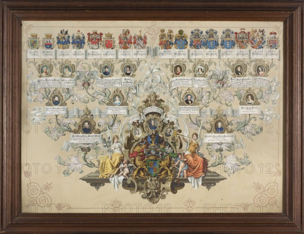 Genealogy of the De Vaux and Lanckoronski families; Ernst Krahl 1858–1926, painter; 1889, Vienna; watercolor drawing; 75 × 103.5 cm. Subjects: genealogy, allegories, heraldry, coats of arms, female and male portraits., A framed decorative chart with a wide dark brown wooden frame surrounds a cream-colored background filled with ornate painted elements; along the top edge there is a row of several colorful heraldic shields and crests in red, blue, gold, and green. Beneath and across the composition are a few scroll-like banners and many flowing acanthus-style foliage motifs in pale green, muted gray, and soft pink. Scattered through the foliage are a group of small oval portraits of people rendered with realistic skin tones, dark and light hair, and clothing in subdued blues, browns, and creams. At the lower center is an elaborate central coat of arms with metallic gold detailing, deep blue and green fields, and red accents, flanked by two seated allegorical female figures wearing robes...
