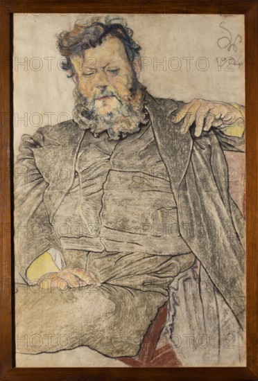 Portrait of Jan Stanislawski, Wyspianski, Stanislaw 1869–1907 author, male portrait of Stanislawski, Jan 1860–1907 — iconography, Young Poland style, Poland, 1904, Kraków place of creation, pastel, height 91 cm, width 59.5 cm, A framed portrait of a seated bearded man rendered in muted pastels and charcoal tones, showing his curly dark hair with touches of brown and blue, a full beard with gray and brown highlights, and a closed-eyed facial expression. He wears a dark coat and layered clothing in shades of gray, brown, and muted green, with a lighter collar and a pale yellow cuff visible at his wrist. One hand rests on his lap with pale pink and beige skin tones, and the other drapes over the back of a chair, fingers slightly curled and showing pale skin with subtle reddish shading. The chair upholstery at the lower right shows soft pink and muted red tones, and the background is a pale, weathered off-white with faint gray markings. The drawing is set within a wooden frame of warm brow...
