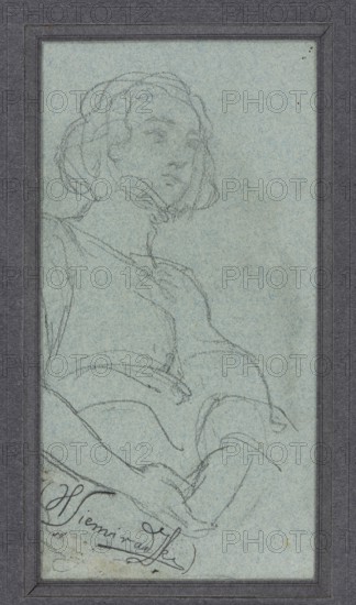 Sketch of a female figure by Henryk Siemiradzki 1843–1902. Pen and ink drawing, before 1902; female portrait / female figure; Polish drawing; height 18.2 cm, width 9.3 cm., A framed vertical sketch on blue paper showing the faint pencil outline of a seated person in three-quarter view, with short wavy hair, a visible facial profile, and an arm bent across the body; the drawing is bordered by a dark gray frame and shows tones of blue in the paper, gray in the pencil lines, and dark gray around the edges.