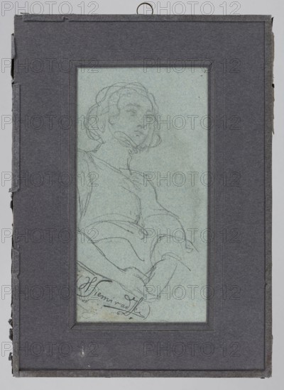 Sketch of a female figure by Henryk Siemiradzki 1843–1902. Pencil drawing, before 1902. Subject: female figure/female portrait. Dimensions: height 18.2 cm, width 9.3 cm. Polish drawing., A framed pencil sketch of a seated person shown from the waist up, drawn on pale blue paper and mounted within a dark gray mat; the figure has short wavy hair and a calm facial expression, wearing a loose top with visible folds and hands resting in the lap, and there are several delicate pencil lines and light smudges around the figure.