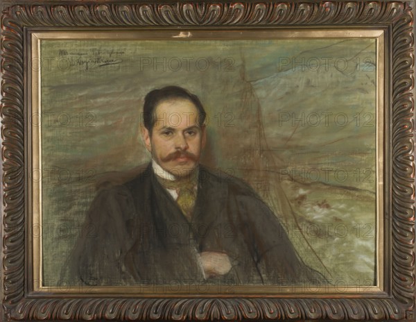 Portrait of Kazimierz Przerwa-Tetmajer, Leon Wyczólkowski 1852–1936, painter. Pastel, before 1901. Height 70 cm, width 96 cm. Male portrait of writer Kazimierz Przerwa-Tetmajer 1865–1940, with dedication from Wyczólkowski; related iconography includes Tetmajer. Style: Young Poland. Earlier incorrect dating 1902 based on Mieczyslaw Sterling, Leon Wyczólkowski. Painting Works, Fine Arts, Vol. 8, 1932, p. 187. Subjects/associations: Tatra Mountains, Giewont; Wincenty Lepkowski 1866–1935., A framed painted portrait of a seated man with a mustache wearing a dark jacket and a light-colored shirt with a patterned tie; his face and hair are rendered in warm skin tones with dark brown hair and a reddish-brown mustache. The background shows a muted landscape with blended shades of green, gray, brown, and touches of blue and pale beige, with some darker linear marks suggesting structures or forms. The ornate frame surrounding the painting is carved with a repeating curved motif and finished in da...