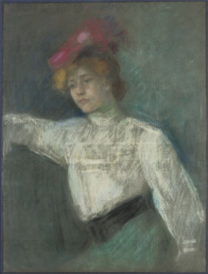 Portrait of a Woman in a Red Hat, Olga Boznanska 1865–1940, painter; female portrait; Young Poland style; Poland; Polish painting; portraits; after 1900; pastel; height 75 cm, width 56.5 cm; unknown provenance., A seated woman wearing a white blouse and a dark belt is shown against a muted green-gray background, her face turned slightly to the side with a neutral expression and light skin tones, and she has reddish-blond hair with a bright pink hat adorned with a feather; the composition includes shades of green, gray, white, pink, yellow, brown, and black.
