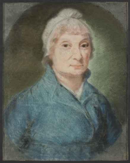 Portrait of an Elderly Lady, Aleksander Kucharski 1741–1819, ca. 1793, Paris. Pastel on paper, 30.5 × 24.5 cm; frame 33 × 27 × 3 cm. Woman's portrait in 18th-century costume. Polish/French cultural context., A portrait of an older person with pale skin and white hair styled up, wearing a blue garment with a high collar; the face shows subtle shading in pale pink and flesh tones with neutral expression and dark eyes. The background is a muted oval area of dark olive green blending into lighter green, framed by a narrow darker border. Overall colors visible include blue, white, pale pink, flesh tones, dark olive green, and darker grayish edges.