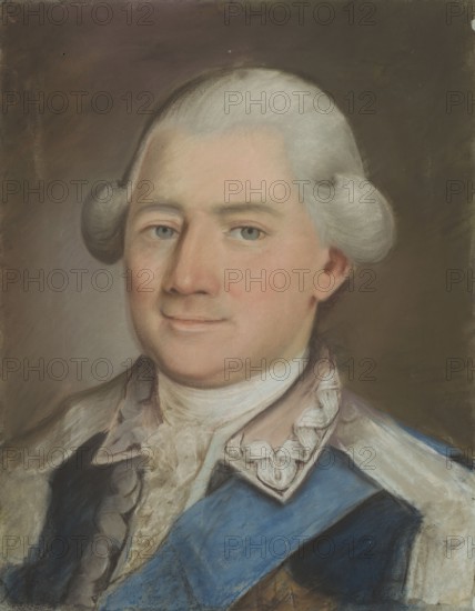 Portrait of Kazimierz Krasinski in the uniform of a lieutenant general of the Crown Army, wearing the Order of the White Eagle, after Paul Joseph Bardou 1745–1814, pastel, after 1763 original, height 44.7 cm, width 35 cm; subject: Kazimierz Krasinski 1725–1802, aristocracy, generals, military, male portrait, copy/after imitation., A painted portrait of an adult with pale skin and powdered white hair styled with side rolls, showing a calm facial expression and light-colored eyes; the face has subtle pinkish tones on the cheeks and lips. The sitter wears a ruffled white cravat and a coat featuring a blue sash and darker blue and gray fabric, with decorative white trim on the collar. The background is a muted brownish-gray, and the overall palette includes white, pale pink, blue, gray, brown, and subtle flesh tones.