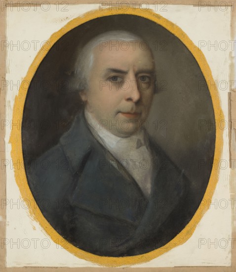 Portrait of August Joseph Pechwell; artists: Antoni Jan Blank 1785–1844 and Jan Krystian Gladysz ca. 1762–1830; unknown pastelist; medium: pastel drawing; subject: bust portrait of painter and engraver August Joseph Pechwell 1757–1811; style: Polish pastels; dated circa 1800–1811; themes: male portrait, portrait of an artist; related professions: painters, engravers, museologists; place associations: Dresden, Saxony, Germany; inscription/provenance note: purchase., An oval portrait of a person shown from the chest up, with pale skin and light gray hair, wearing a dark blue coat and a light-colored cravat; the face has neutral expression with visible eyes, nose, and mouth. The background inside the oval is a muted grayish brown, and the oval is bordered by a rough golden yellow rim. Around the oval is a wider off-white area with beige and light tan edging and some darker brown tape-like patches at the outer margins. The visible colors include pale skin tones, light gray, dark blue, gray...