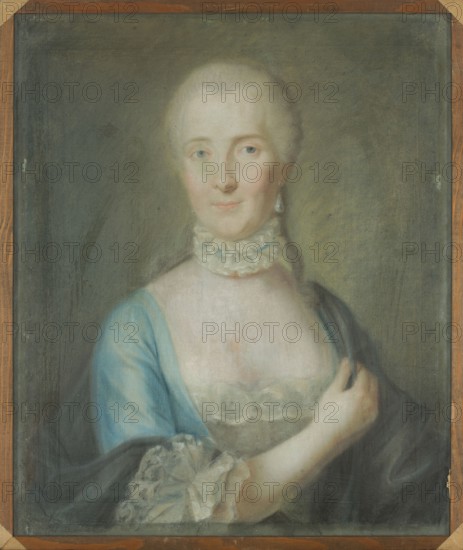 Portrait of Genowefa Brzostowska, née Oginska; painter, portrait of a woman Genowefa Brzostowska, ca. 1725–1792; pastel; 18th-century women's fashion/costume; subject possibly associated with Bialozórka Ukraine; dated before 1749; dimensions: height 65 cm, width 54.4 cm., A framed painted portrait of a woman shown from the chest up wearing a pale blue garment with a dark drape and a ruffled white collar and sleeve; she has fair skin, light hair pulled back, and a neutral expression with light-colored eyes and a single teardrop-shaped earring visible, set against a muted gray-green background with soft shading and a wooden frame with brown tones.