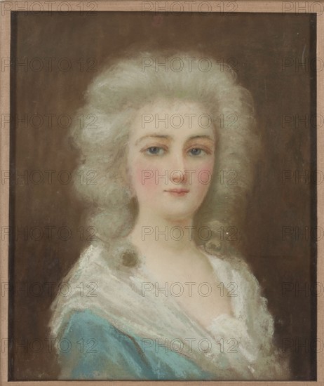 Portrait of Julia Janowa Potocka, née Lubomirska 1767–1794, copy after a miniature, unknown painter; subject: Julia Janowa Potocka, aristocracy; iconography: women's portrait in 18th-century costume; medium: pastel; dimensions: height 26 cm, width 22 cm; date: ca. 1900; notes: copy/ imitation, tracing from a miniature; references Potocki family from Krzeszowice., A painted portrait of a person with pale skin and light hair framed by soft curls, wearing a light-colored shawl over a blue garment, set against a dark brown background; the face shows rosy cheeks and subtle lip color, with light-colored eyes and softly arched brows, and the overall palette includes shades of beige, cream, white, blue, brown, pink, and pale gray.
