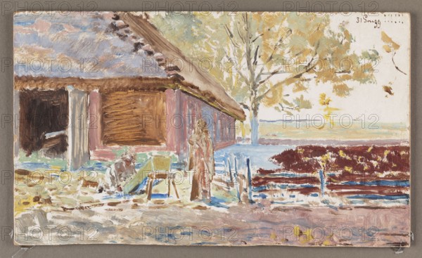 End of the Century - December 31, 1899, Landscape with a Coffin, Malczewski, Jacek 1854-1929 painter, Poland culture, death, coffins, landscapes with buildings, melancholy, symbolism style, 1899, oil study, height 13.5 cm, width 22.8 cm, A painted scene of a rustic building with a thatched roof rendered in browns and grays, a vertical pale column at its entrance, and a dark open space inside; a standing figure in muted browns and reds near the building and a seated figure working at a greenish trough or bench; a foreground of rough textured ground in pale grays, tans, blues, and touches of yellow; a fence of brown and blue horizontal rails separating the foreground from a patch of dark reddish-brown vegetation with small yellow highlights; a pale blue and yellow strip suggesting distant land or water under a light sky; a tree with a pale trunk and foliage in soft greens, yellows, and ochres rising beside the building; overall brushwork is loose and impressionistic with visible strokes ...