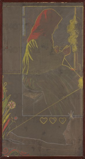 Przadka, Rudzinski, Stanislaw 1867–1915 painter; author, spinning, before 1915, pastel, height 100 cm, width 52 cm, A vertical framed artwork on a dark brown background shows a side view silhouette of a seated figure wearing a red hood and a dark garment outlined in yellow, holding something near their hands with yellow chalk-like lines; a vertical column of yellow swirling shapes appears near the figure's hands. Along the lower part of the image there is a diagonal yellow line separating the upper scene from a lower area that includes a faint profile of a face wearing a star-like headpiece drawn in pale blue and beige, a row of three heart shapes outlined in yellow, and a group of floral and leaf motifs in red, green, yellow, and pink on the left side; the frame around the image is a dark reddish-brown.