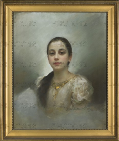 Portrait of a Young Woman with a Gold Heart Pendant, Maria Nostitz-Wasilkowska 1858–1922, painter; female portrait; after 1892; pastel; 73 cm × 60 cm; inscriptions/provenance indicated., A framed portrait of a young woman with dark hair pulled back and a long braid over one shoulder, wearing a light, sheer dress with puffed sleeves and a gold heart-shaped pendant on a chain; the background is a soft blend of muted grays and greens creating a hazy atmosphere, and the frame is gold.