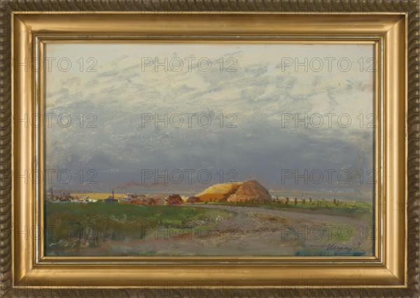 Mlocka in Ukraine, Wyczólkowski, Leon 1852–1936, pastel, 1912, 44 x 68 cm. Depicts steam-powered threshing machines locomobiles with high chimneys, groups of women bustling around them, carts with sheaves, large stacks of straw, and haystack wagons in the foreground. Scene recorded at the Podhorski Konela estate. Wyczólkowski treated the motif in both graphic art and painting; a lithograph in lithographic crayon 26 x 37 cm and a related drawing in lithographic crayon depict the same motif. The steam-powered threshing machines were widely used in the 19th and early 20th centuries to power agricultural machinery on farms; a steam-powered threshing machine operated by four people could thresh up to 1,000 sheaves per day versus 80 with flails. The first steam engine in agriculture in Poland was used in 1857; mobile locomotives were produced later and remained in use on large estates into the mid-20th century. Style: Young Poland; subject: rural landscape, harvest, summer, agriculture; medi...