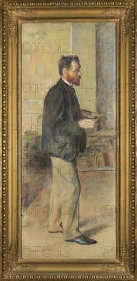 Portrait of the painter Waclaw Koniuszki, by Leon Wyczólkowski 1852–1936, 1896. Pastel, 120.5 × 50 cm. Young Poland style. Depicts Waclaw Józef Koniuszko 1854–1900 en pied, painter at work with painting palette., A full-length portrait of a standing man shown in profile, wearing a dark jacket and light pants with dark shoes, holding a thin object in his hands; he has a beard and darker hair. The background shows a tiled wall and a vertical column or panel, and there is a framed border around the image. Visible colors include beige, tan, brown, black, gray, blue, green, and gold.