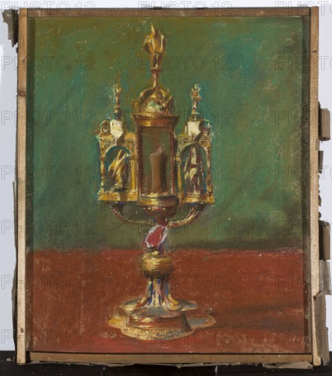 Reliquary of the foundation of King Sigismund I, Wyczólkowski, Leon 1852-1936 author, Sigismund I the Old king of Poland; 1467–1548, reliquaries, 16th century crafts, goldsmithery, Renaissance crafts, 16th century sculpture, Polish pastels, Poland culture, The Wawel Treasury 1907, Polish painting, Sigismund King of the Burgundians; ?–523, artistic craftsmanship, provenance, Young Poland style, coats of arms, Sforza coat of arms, White Eagle coat of arms, 1907, Kraków, pastel, height 38.5 cm, width 31 cm, A painted still life showing an ornate decorative object with a central cylindrical form and a base with curved details, rendered in metallic gold tones with highlights of blue and hints of red and white; the object sits on a flat surface that is a warm reddish-brown, against a muted green background with variations of teal and darker green; the edges of the canvas and a simple wooden stretcher are visible in natural wood and beige tones, with parts of the backing and frame showing rou...