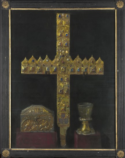 A cross made of princely diadems, a box called the Saracen-Sicilian box and the so-called glass of Saint Jadwiga of Silesia; Wyczólkowski, Leon 1852–1936 painter/author; Casimir IV Jagiellon king of Poland; 1427–1492; Romanesque architecture craft; artistic craftsmanship; goldsmithery; Jadwiga of Silesia Saint; 1174–1243; crosses; ciboria; Polish pastels; Polish culture; Gothic craft; Young Poland style; coats of arms: Pólkozic, White Eagle; 1907, Kraków; pastel; height 106 cm, width 79 cm, A dark background fills the image with a large ornate cross centered, rendered in gold with a textured surface and small colored accents of blue and red; the cross has a vertical shaft and a horizontal arm with a row of pointed decorative shapes along its top edge. Below the horizontal arm, left of the vertical shaft, sits a gold-toned ornate box with rounded relief patterns, placed on a dark red base, and to the right of the shaft there is a gold goblet with a flared rim and a rounded base also res...