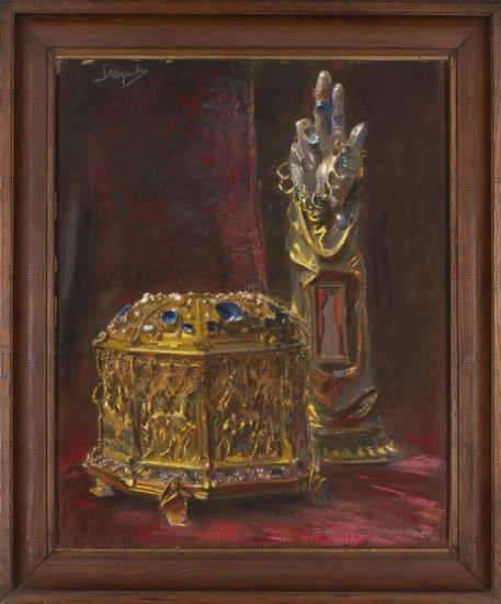 Reliquaries of St. Stanislaus, Wyczólkowski, Leon 1852–1936 painter, artistic crafts, Gothic crafts, Stanislaus of Szczepanów ca. 1030–1079, reliquaries, goldsmithery, Marciniec, Marcin ?-1518, Poland culture, Young Poland style, Polish painting, Polish pastels, Wawel Treasury 1907 provenance, 1907, Kraków, pastel, height 72 cm, width 58 cm, A framed painting shows a decorative scene with a gilded ornate box and a sculpted hand-like object on a dark background. The box is richly detailed with carved relief, a domed lid, and a base with small feet, rendered in gold tones with accents of blue and hints of purple and white highlights. Beside it, a vertical sculptural form resembling a hand or figurine stands in gold and bronze shades with small blue and white highlights and darker shadowed areas. The surface beneath the objects is a deep red cloth with darker and lighter variations, and the surrounding background is a very dark brown to black with some maroon and muted red areas. The pain...