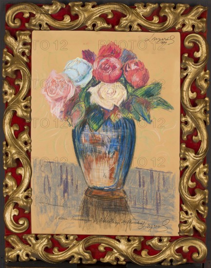 Roses in a Sapphire Vase, attributed to unknown artist Leon Wyczólkowski forgery; pastel; still life of flowers; height 66.9 cm, width 49.4 cm; pastel medium; forgeries; Polish pastels; dated before 1954; dedication to Anastazja Stepkowska fl. 1899; Poland culture., A framed pastel drawing of a floral arrangement in a vase centered on a warm beige background, showing a group of roses in shades of red, pink, white, and pale blue with green leaves, placed in a tall vase rendered with blue and brown strokes sitting on a surface suggested by bluish-gray and brown shading; the ornate frame around the drawing features carved swirling patterns painted gold against a deep red backing.